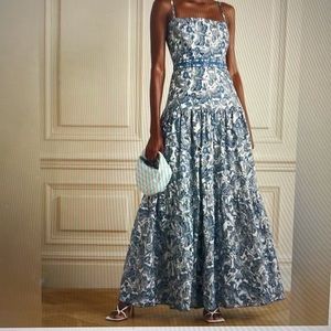 Agua by Aguabendita gown w all-over dragonfly print and seeded pearl beads.